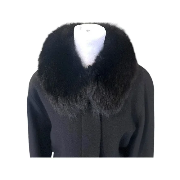 Genuine Fox Fur Collar Trench Coat Jacket Size 12 100% Wool Black Finland​​​​​